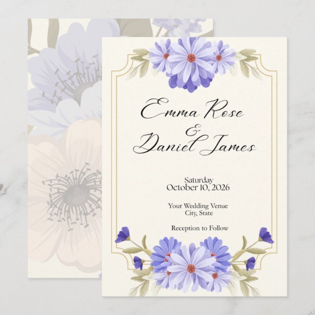 Convite de Casamento Floral de Margarida Roxa Eleg (Frente/Verso)