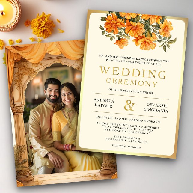 Convite de casamento floral de Marigold Amarelo Su (Criador carregado)