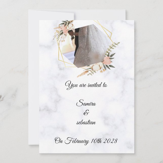 Convite de Casamento Floral de Mármore Dourado Ele (Frente)
