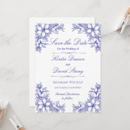 Convite de Casamento Floral de Ornamentado Azul