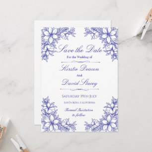 Convite de Casamento Floral de Ornamentado Azul