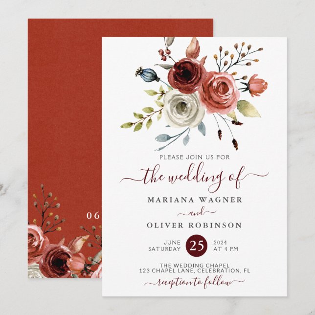 Convite de Casamento Floral de Outono (Frente/Verso)