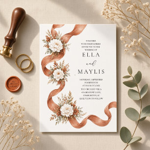 Convite de Casamento Floral de Outono com Fita de