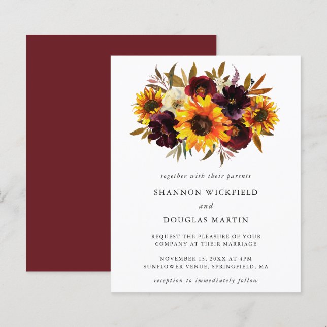 Convite de Casamento Floral de Outono com Girassói (Frente/Verso)