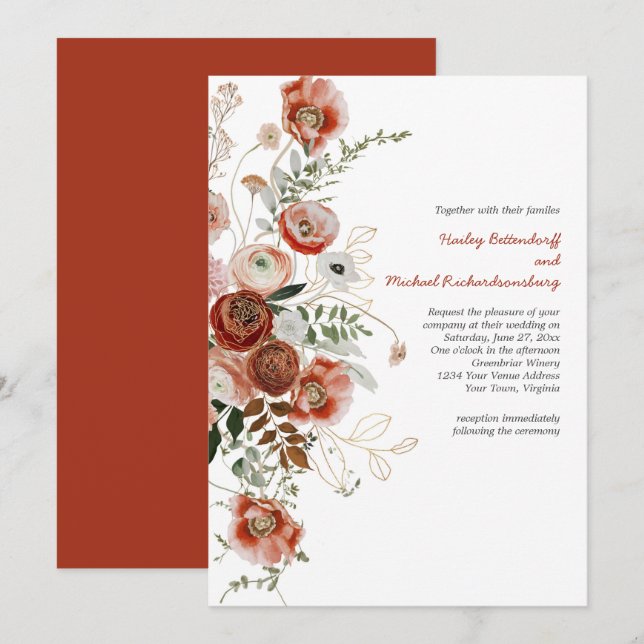 Convite de Casamento Floral de Outono Marsala Borg (Frente/Verso)
