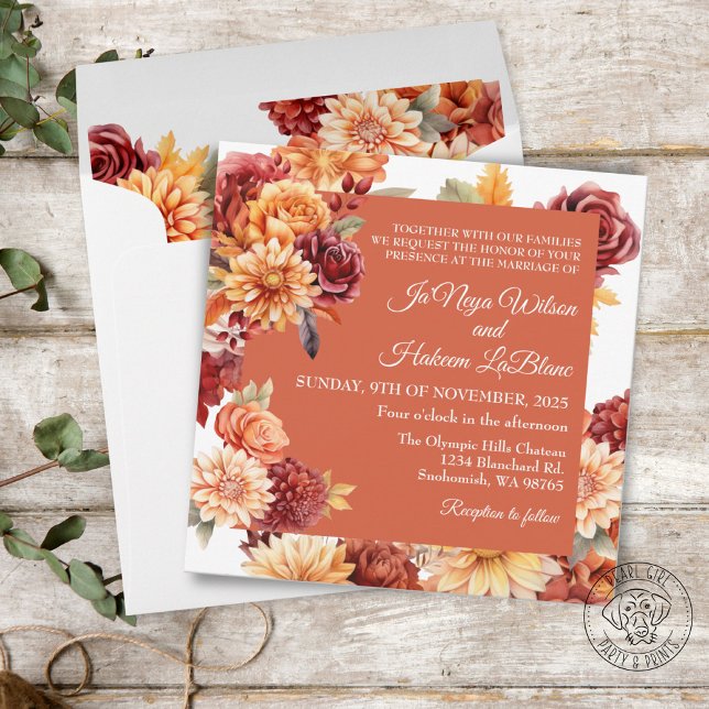 Convite de Casamento Floral de Outono Quadrado (Criador carregado)