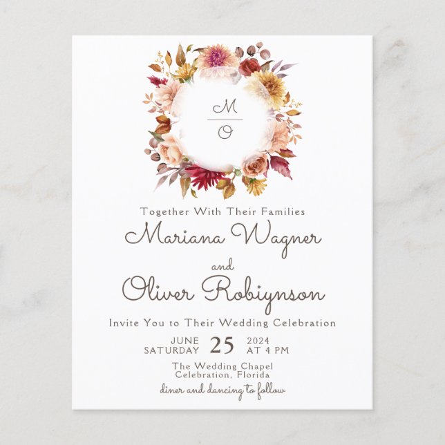 Convite de Casamento Floral de Outono Romântico Ec (Frente)