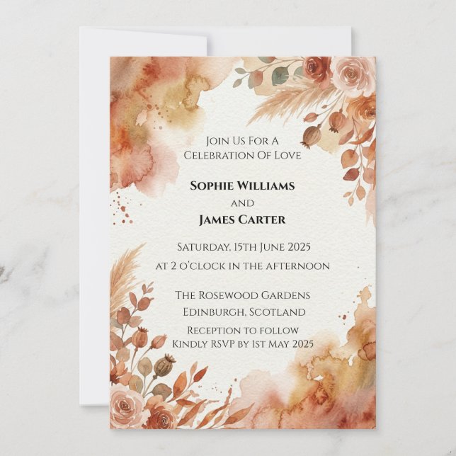 Convite de Casamento Floral de Outono Terracota (Frente)
