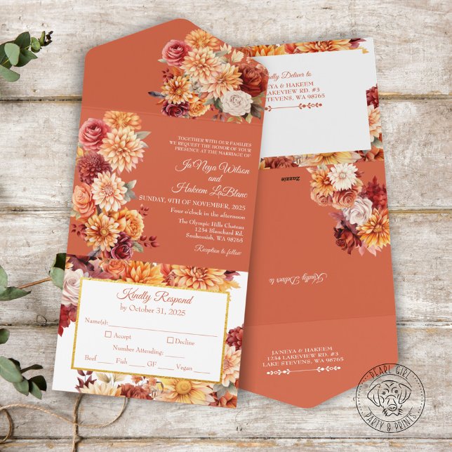 Convite de Casamento Floral de Outono Tudo em Um (Criador carregado)
