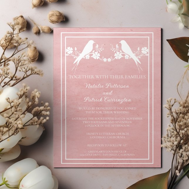 Convite De Casamento Floral De Pássaro Rosa (Pink Lovebird Floral Wedding Invitation)