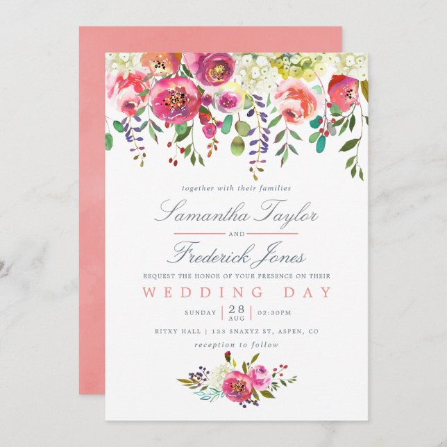 Convite De Casamento Floral De Pêssego Cor-De-Água (Frente/Verso)