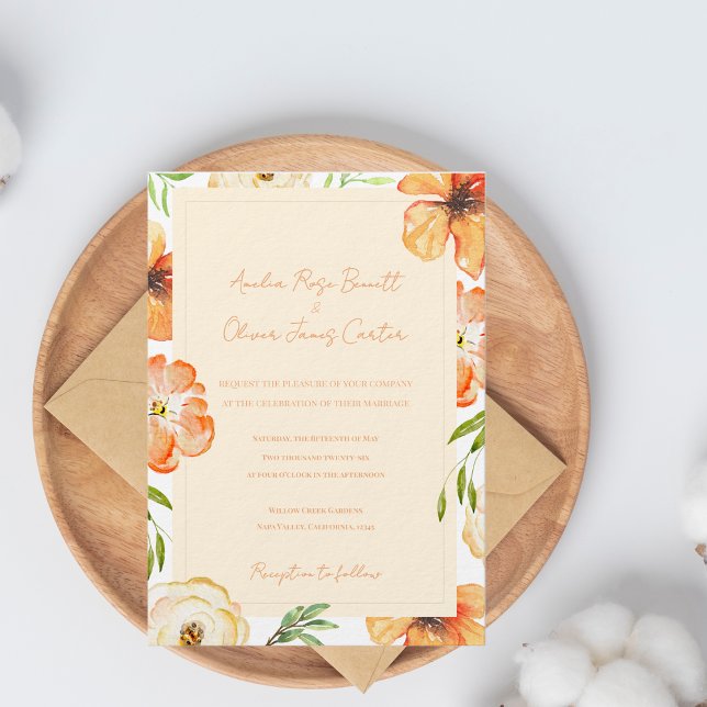 Convite de Casamento Floral de Pêssego Suave Jardi (Soft Peach Garden Meadow Florals Wedding Invitation | Watercolor Floral Garden Wedding Invite)