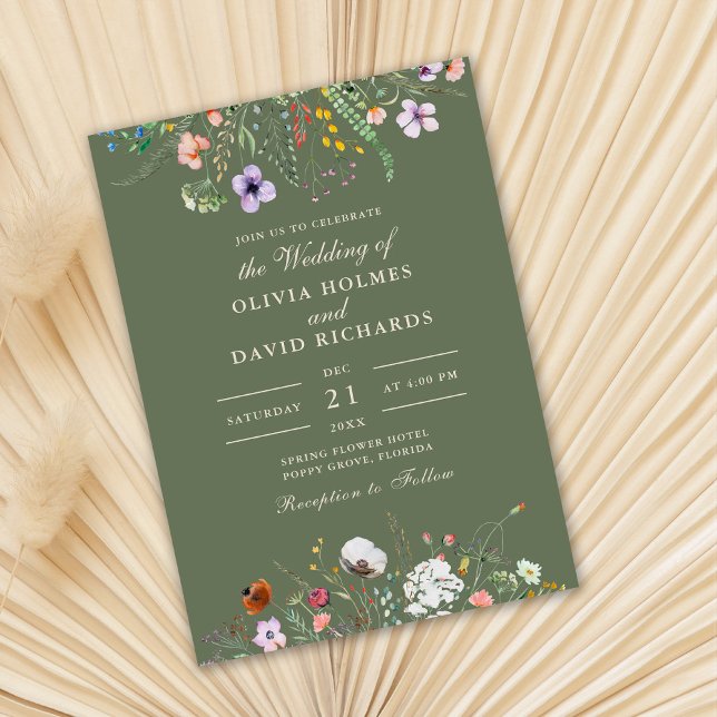 Convite de Casamento Floral de Prado com Flores Si (Sage Green Watercolor Wildflower Meadow Wedding Invitation on dry palm leaf.)