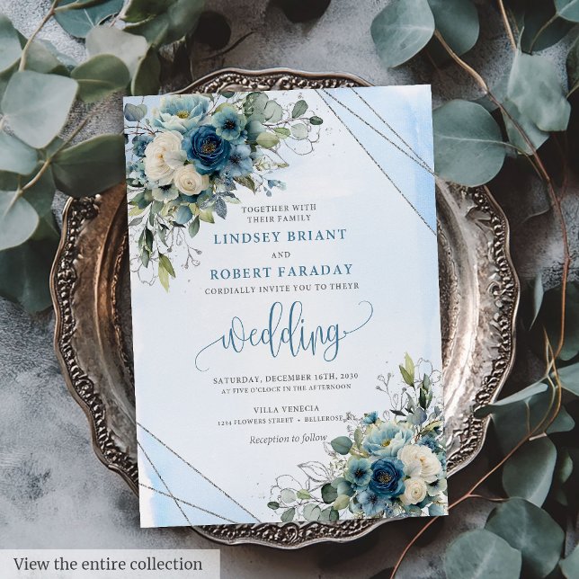 Convite De Casamento Floral De Prata Azul Escuro E (Elegant Dark Blue Silver Floral Wedding Invitation)