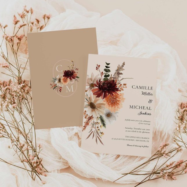 Convite De Casamento Floral De Queda Elegante (Rustic Burgundy Floral Wedding Invitation)