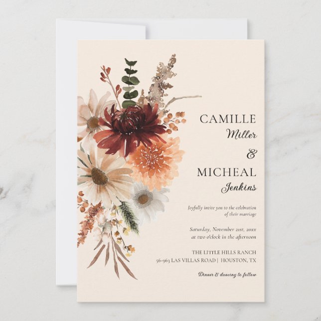 Convite De Casamento Floral De Queda Elegante (Frente)