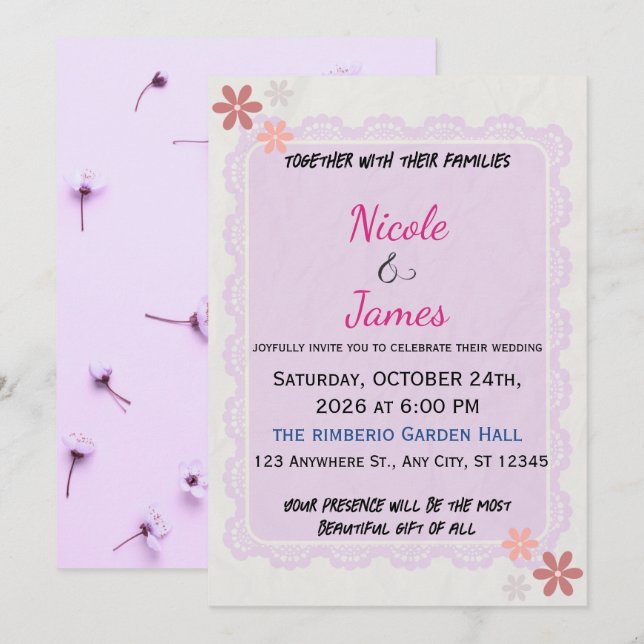 Convite de Casamento Floral de Renda Lavanda Delic (Frente/Verso)