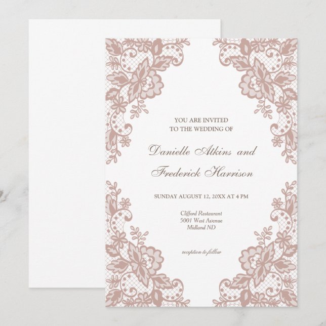 Convite de casamento floral de renda rosa empoeira (Frente/Verso)