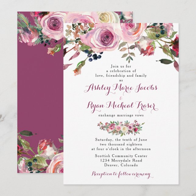 Convite De Casamento Floral De Rosa Chic Rosa Púrp (Frente/Verso)