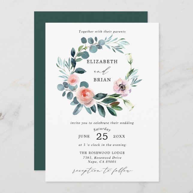 Convite De Casamento Floral De Rosa Floral De Jard (Frente/Verso)