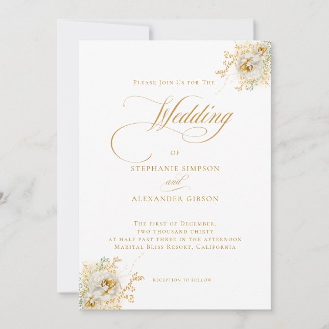Convite De Casamento Floral De Script Dourado Eleg (Frente)