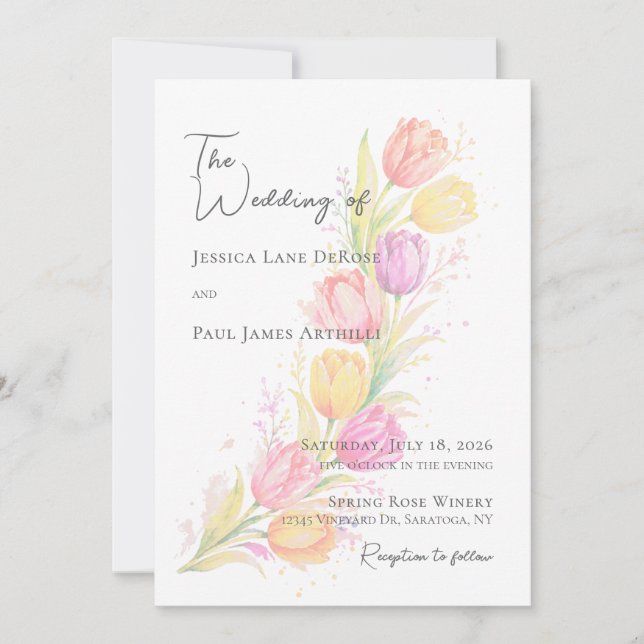 Convite de Casamento Floral de Tulipa Aquarela (Frente)