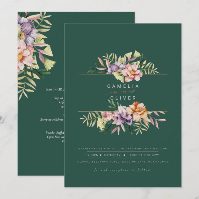 Convite de Casamento Floral de Verão Verde com Cód (Frente/Verso)