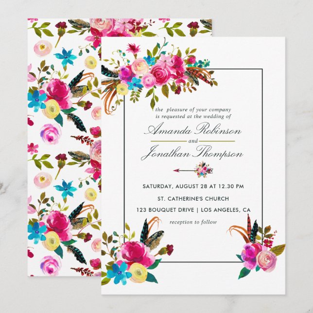 Convite de Casamento Floral de Watercolor Boho Chi (Frente/Verso)