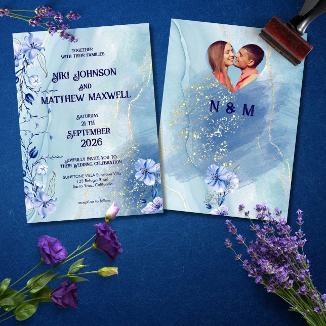 Convite de Casamento Floral Delphinium Azul Marinh (Criador carregado)