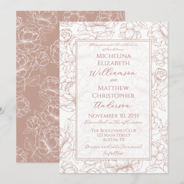 Convite de Casamento Floral Desenhado à Mão Rosa E (Frente/Verso)
