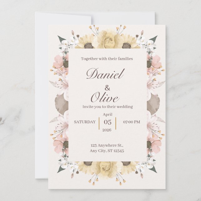 Convite de Casamento Floral Design Elegante (Frente)