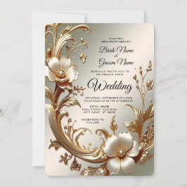 Convite de Casamento Floral Dourado