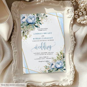 Convite de casamento Floral Dourado Azul e Glamoro