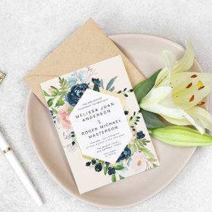 Convite de Casamento floral dourado azul magnífico
