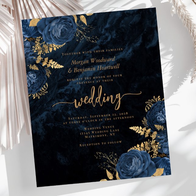 Convite de Casamento Floral Dourado Azul Marinho E (Criador carregado)
