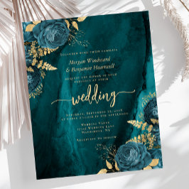 Convite de casamento Floral Dourado Azul Teal