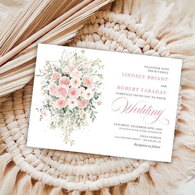 Convite de Casamento Floral Dourado Boêmio Rubor (Bohemian Blush Floral Gold Wedding Invitation)