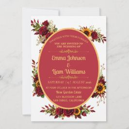 Convite de Casamento Floral Dourado Borgonha