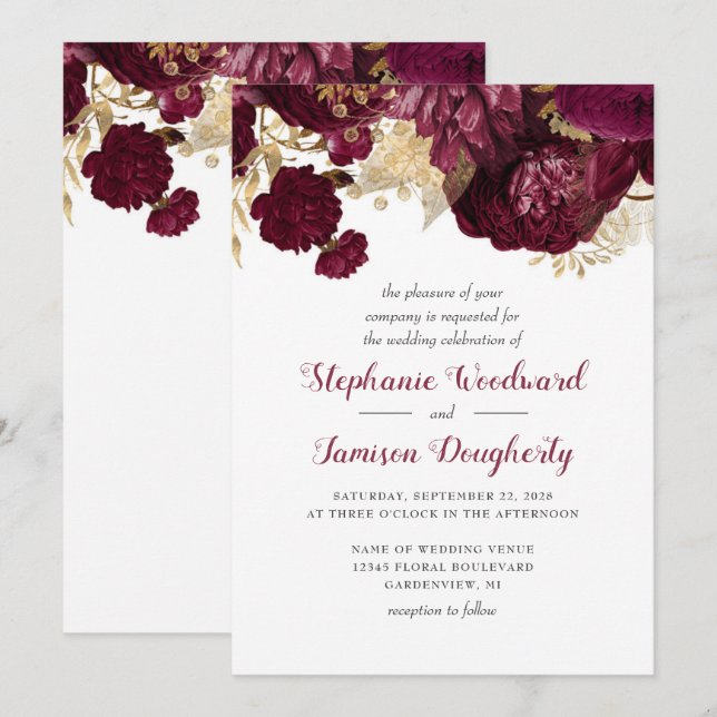 Convite de Casamento Floral Dourado Borgonha (Frente/Verso)