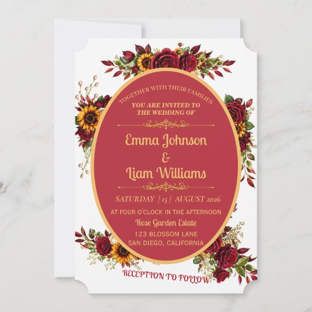 Convite de Casamento Floral Dourado Borgonha (Frente)