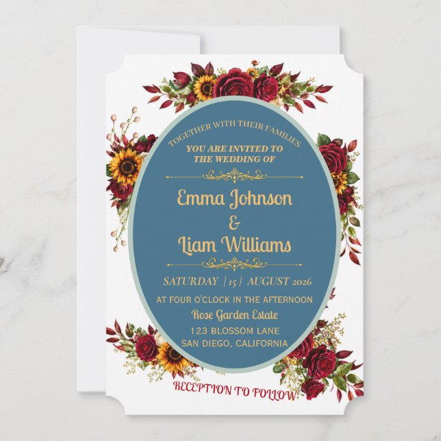 Convite de Casamento Floral Dourado Borgonha (Frente)