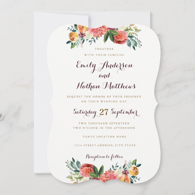 Convite de Casamento Floral Dourado Borgonha (Frente)