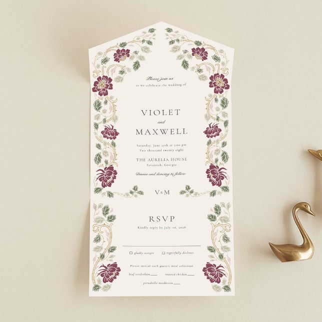 Convite de Casamento Floral Dourado Borgonha Tudo  (Burgundy Floral Art Nouveau All In One Wedding Invitation with Detachable RSVP Card)