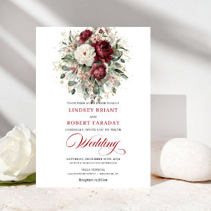 Convite de Casamento Floral Dourado Branco Borgonh