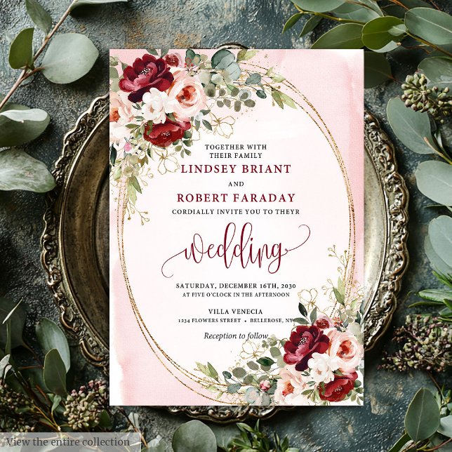 Convite de Casamento Floral Dourado Clássico Boho  (Classic Boho Merlot Gold Floral Wedding Invite)