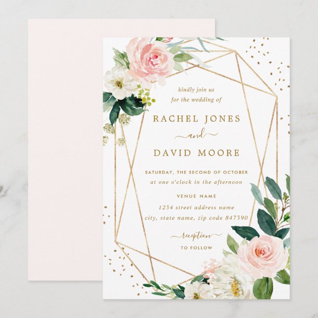 Convite de Casamento Floral Dourado com Blush Geom (Frente/Verso)