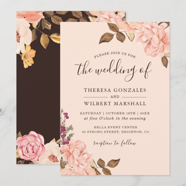 Convite de Casamento Floral Dourado com Toque de O (Frente/Verso)