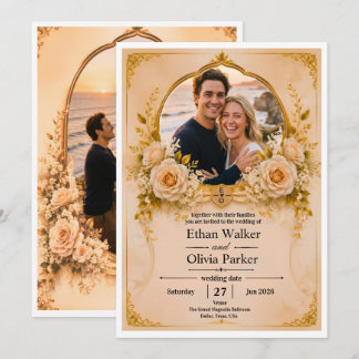 Convite de Casamento Floral Dourado Elegante