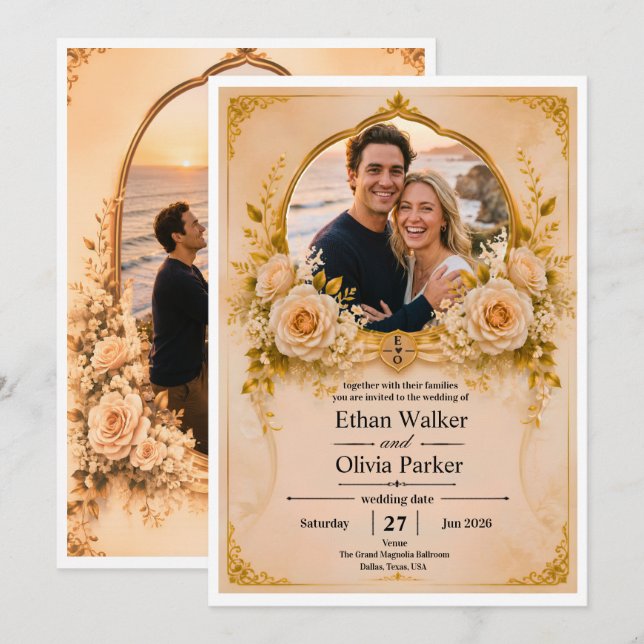 Convite de Casamento Floral Dourado Elegante (Frente/Verso)
