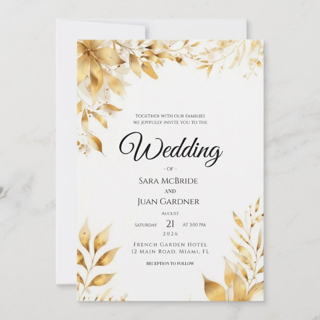 Convite de Casamento Floral Dourado Elegante (Frente)
